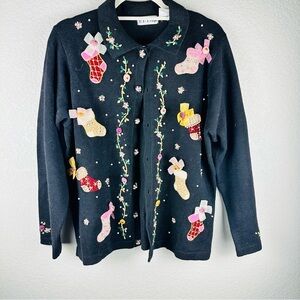 BP Designs - holiday/Christmas sock beaded cardigan, L